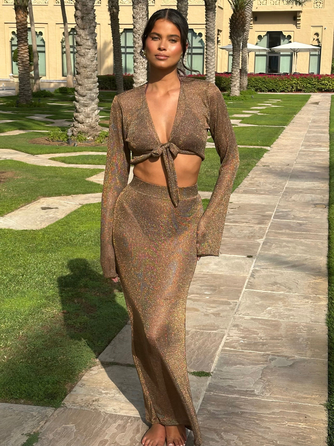 Solara | Gold & White Tie-Front Skirt Set