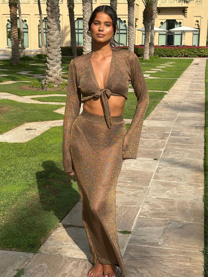 Solara | Gold & White Tie-Front Skirt Set