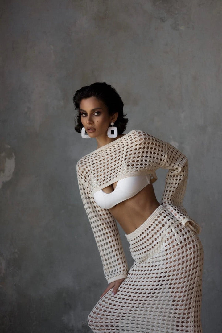 Aria | Open-Weave Knit Skirt & Crop Top Set