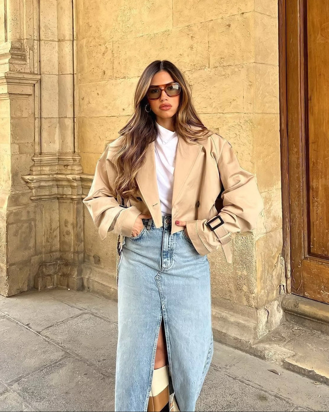 Lylah Cropped Belted Trench Coat