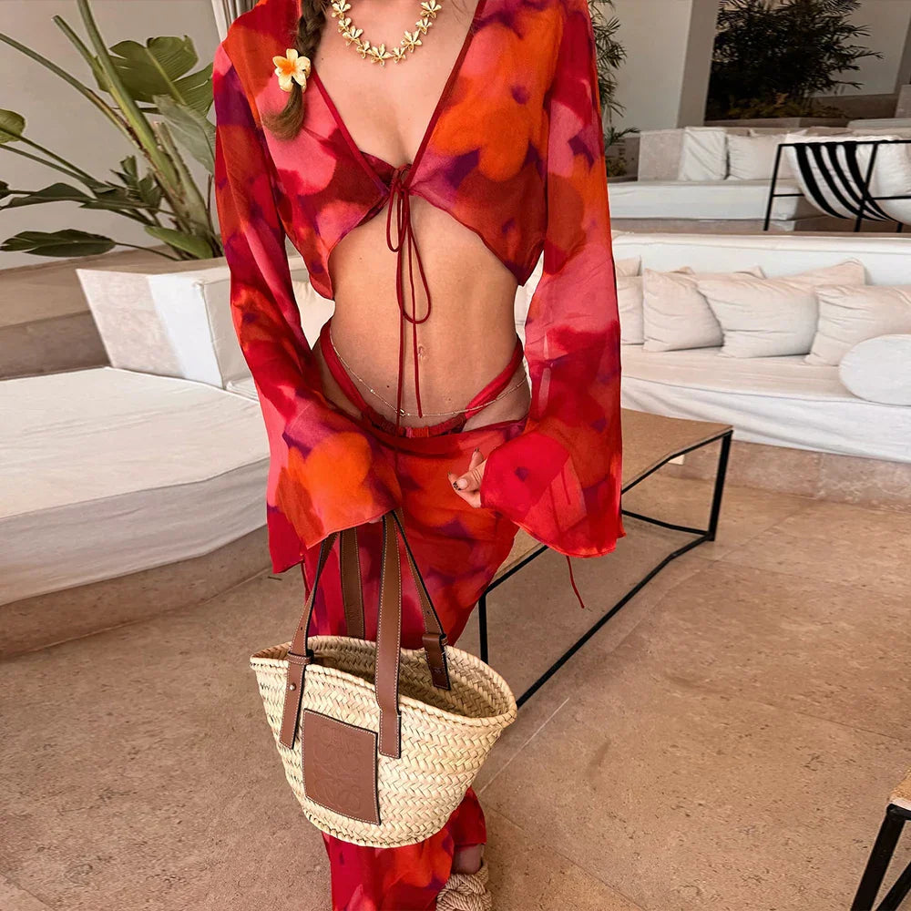 Ruby | Floral Sheer Tie-Front Skirt Set