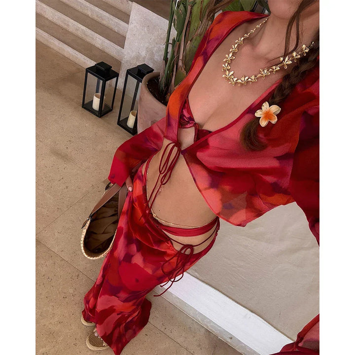 Ruby | Floral Sheer Tie-Front Skirt Set